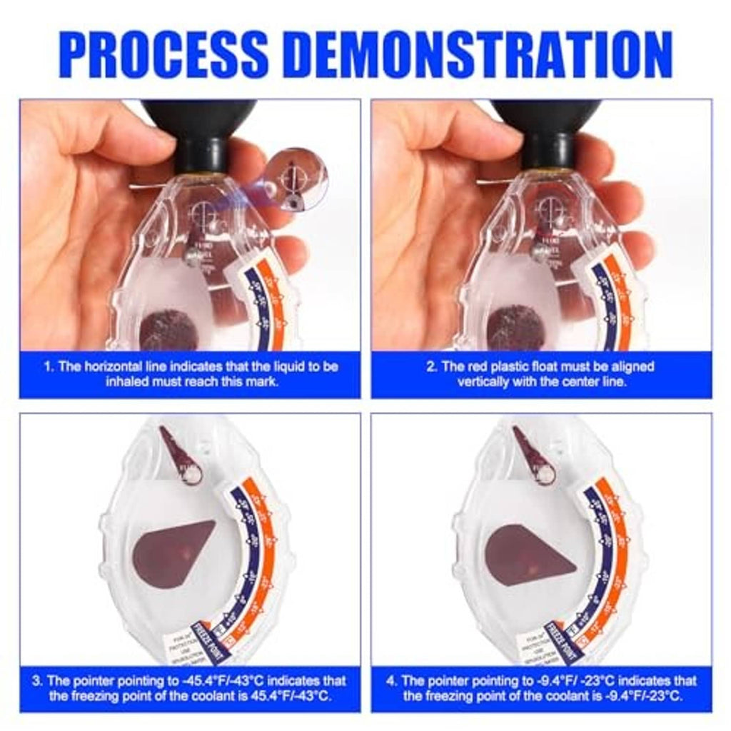 Antifreeze coolant tester held in hand, with black bulb and clear dial showing level wedge