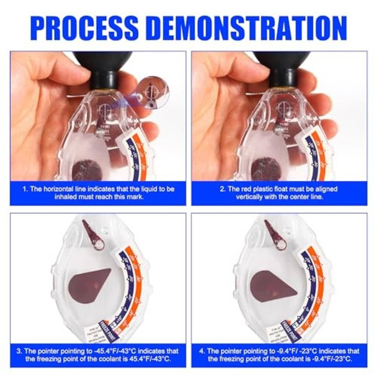 Antifreeze coolant tester held in hand, with black bulb and clear dial showing level wedge