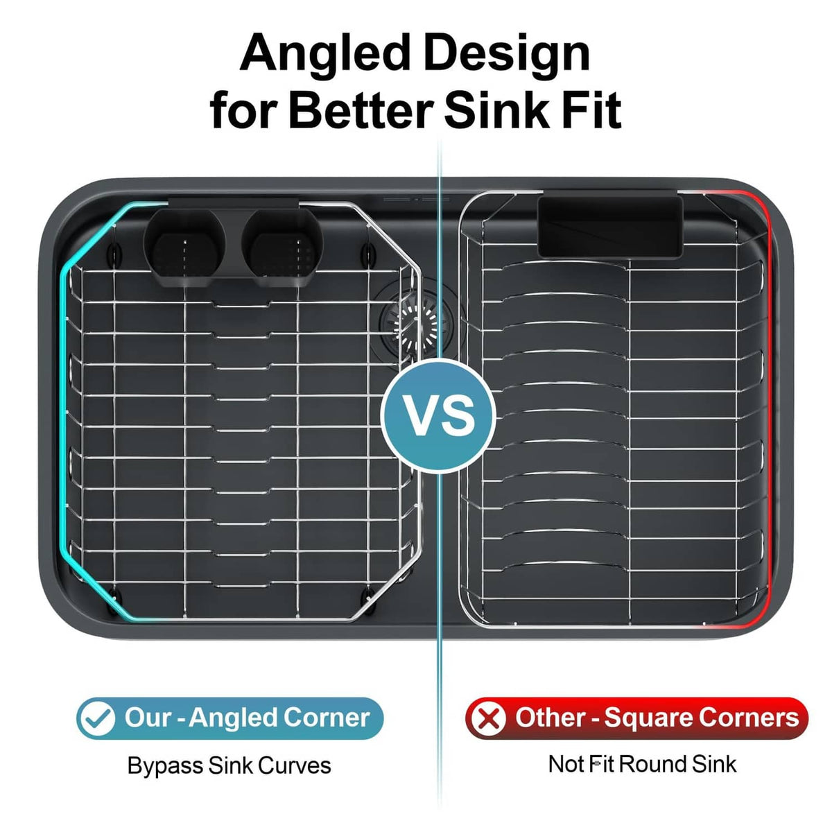 Dish rack with angled corner design and black-trimmed frame for sink fit