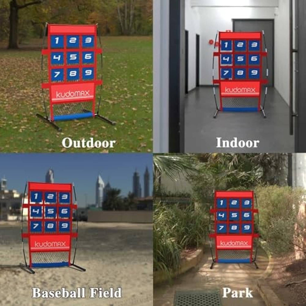 Pitching target net shown in outdoor and indoor setups, red-and-blue numbered grid