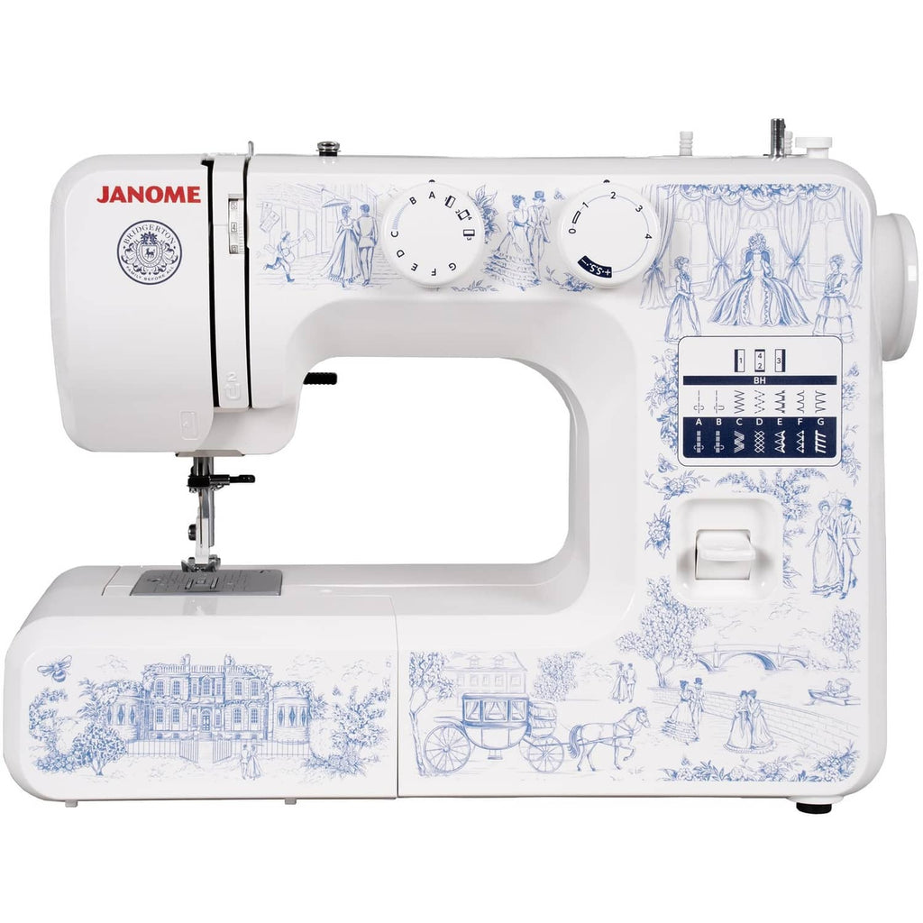 White Janome sewing machine with blue toile print, front panel and needle area