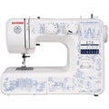 White Janome sewing machine with blue toile print, front panel and needle area