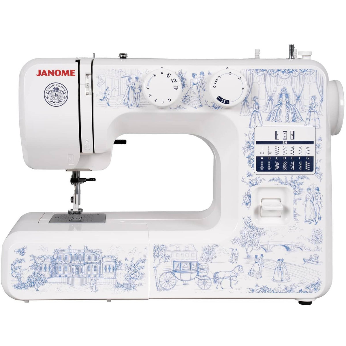 White Janome sewing machine with blue toile print, front panel and needle area