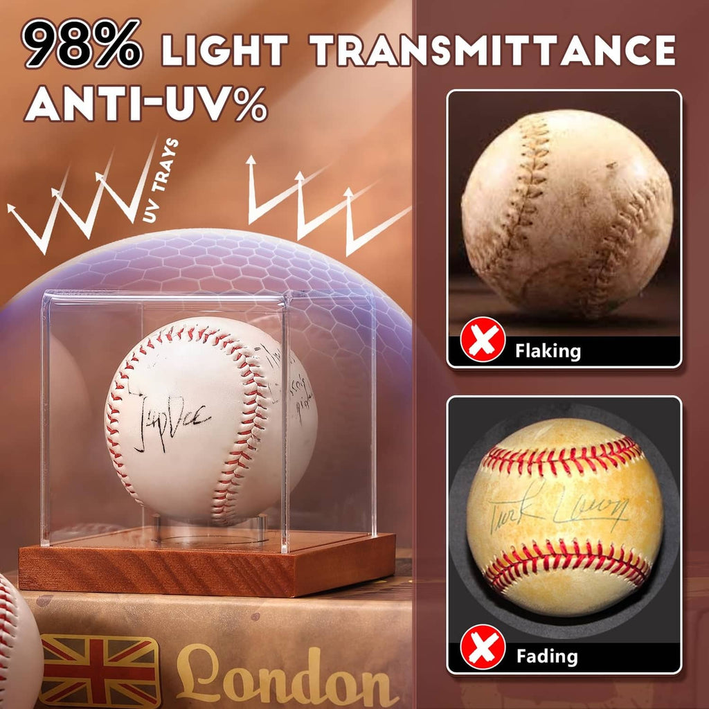 Clear acrylic baseball display case with brown wooden base, anti-UV protection