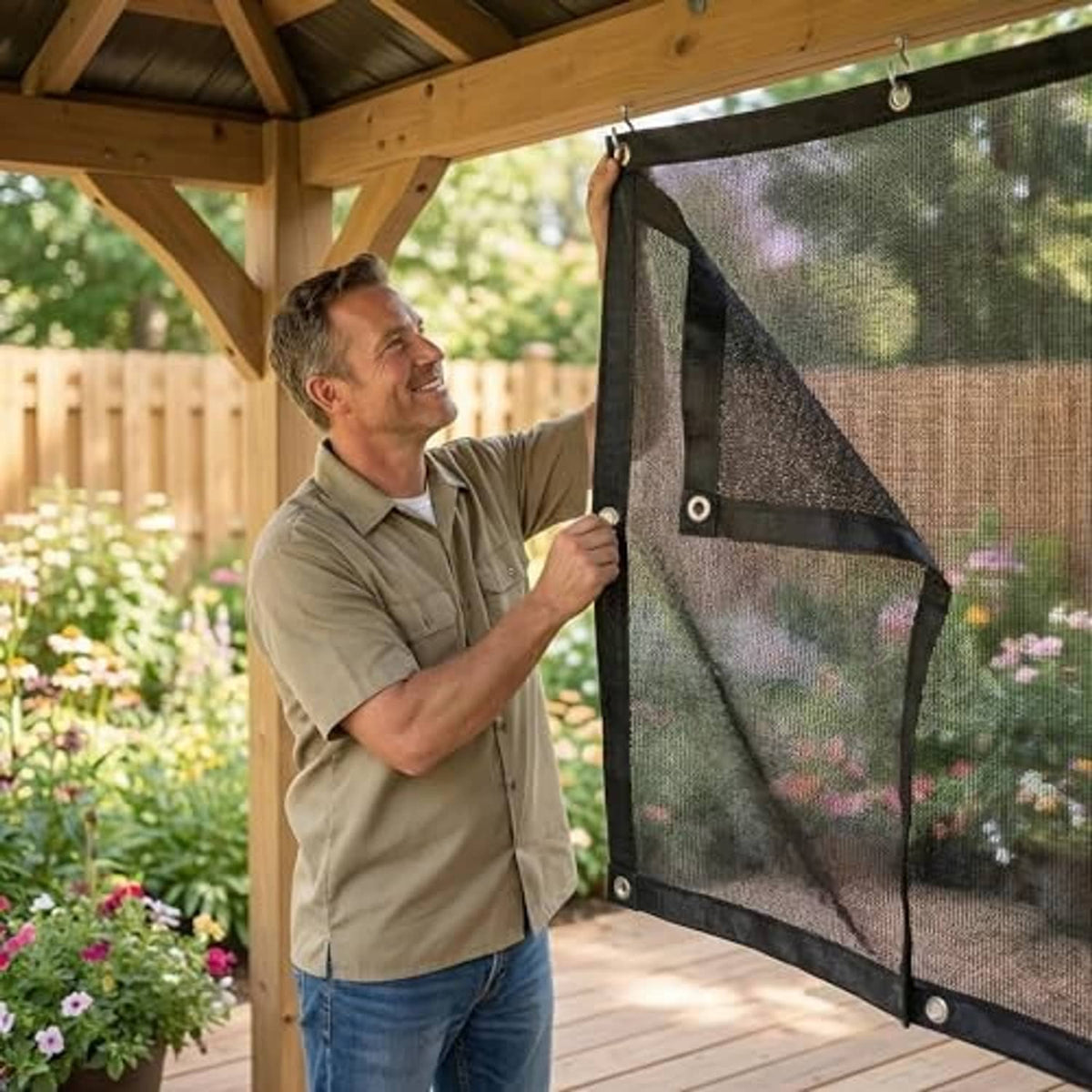 Dark gray mesh sun shade cloth panel with metal grommets, held by mounting points