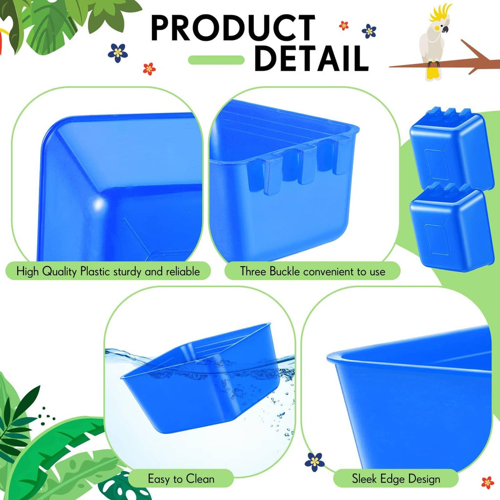 Blue plastic bird water feeder cup with interior divider and tabbed latch