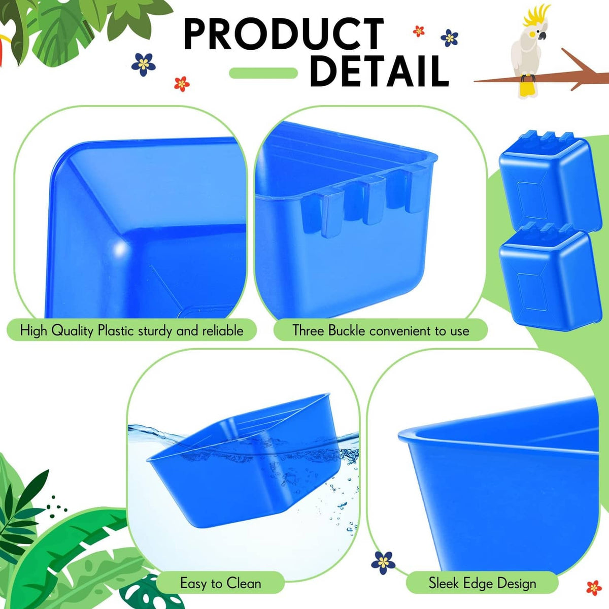 Blue plastic bird water feeder cup with interior divider and tabbed latch