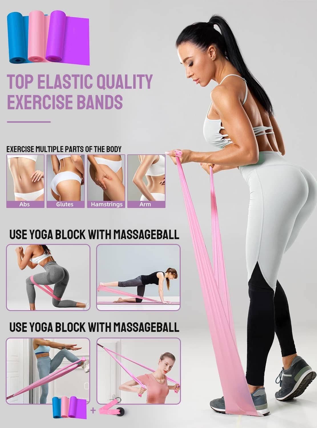 Pink exercise bands set with yoga block for stretching exercises on a mat