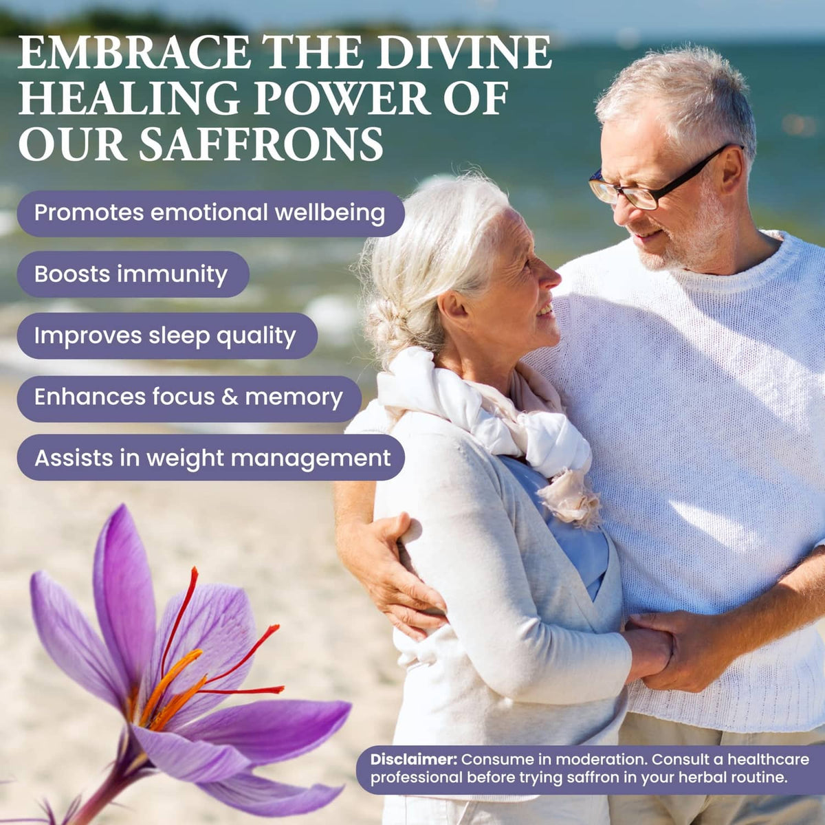 Red saffron threads with Divine Healing Saffron tin beside a purple crocus flower