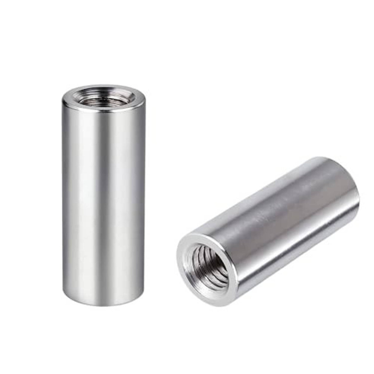 Set of two round stainless steel coupling nuts with female internal threads