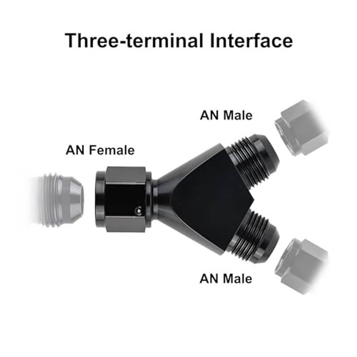 Three-terminal AN interface Y-splitter with one AN female and two AN male connectors