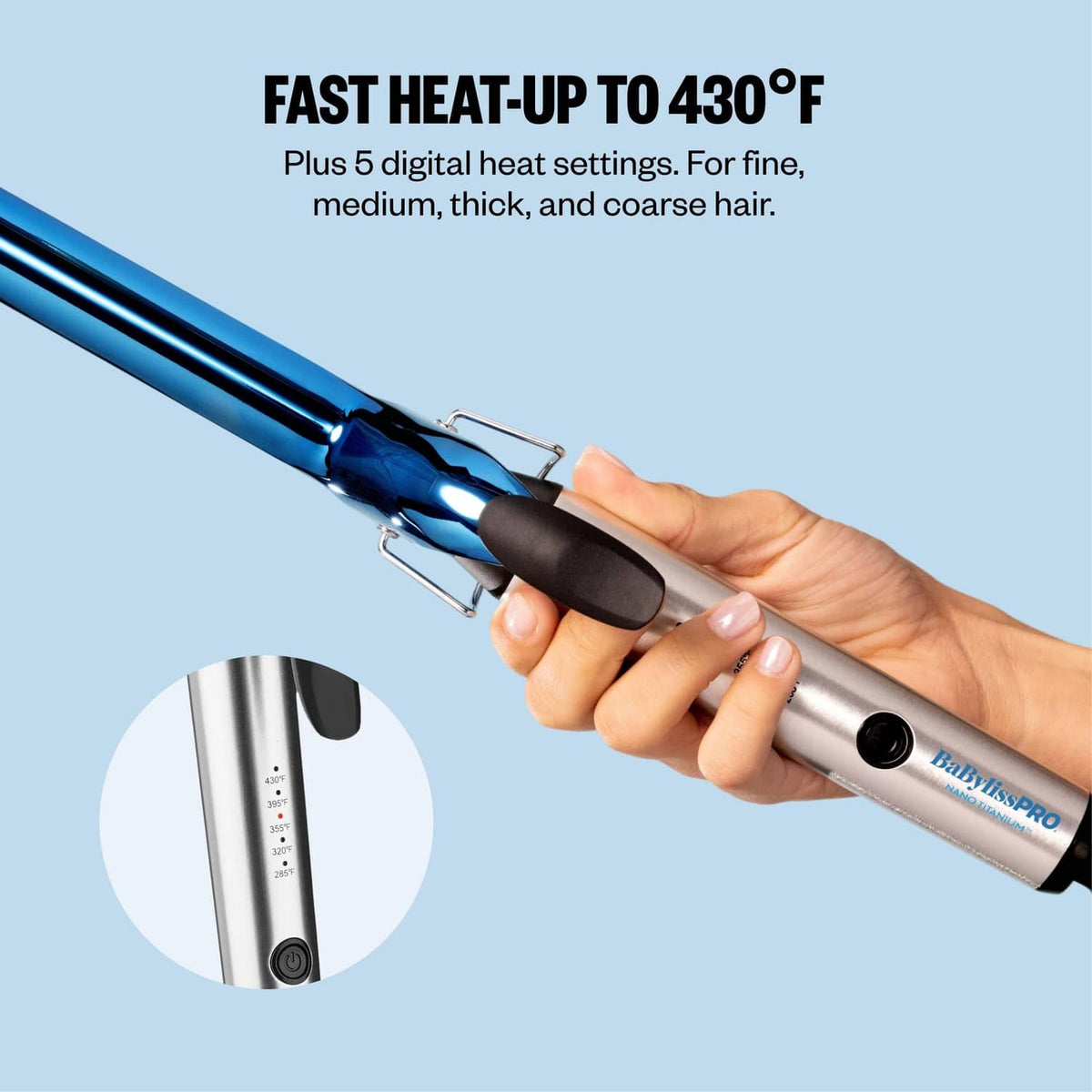 BaBylissPRO curling iron close-up in hand with blue nano titanium barrel