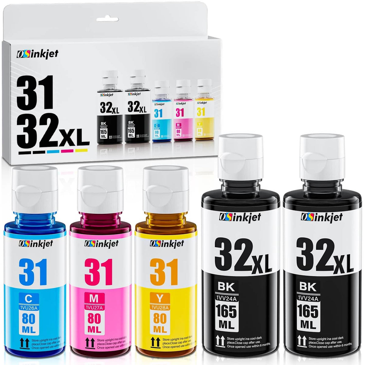 Ink bottle set with black, cyan, magenta, and yellow bottles in retail box