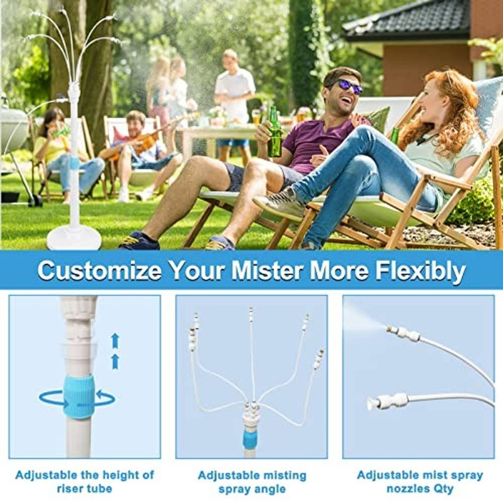 White patio misting cooler with adjustable riser tube and flexible mist spray connections