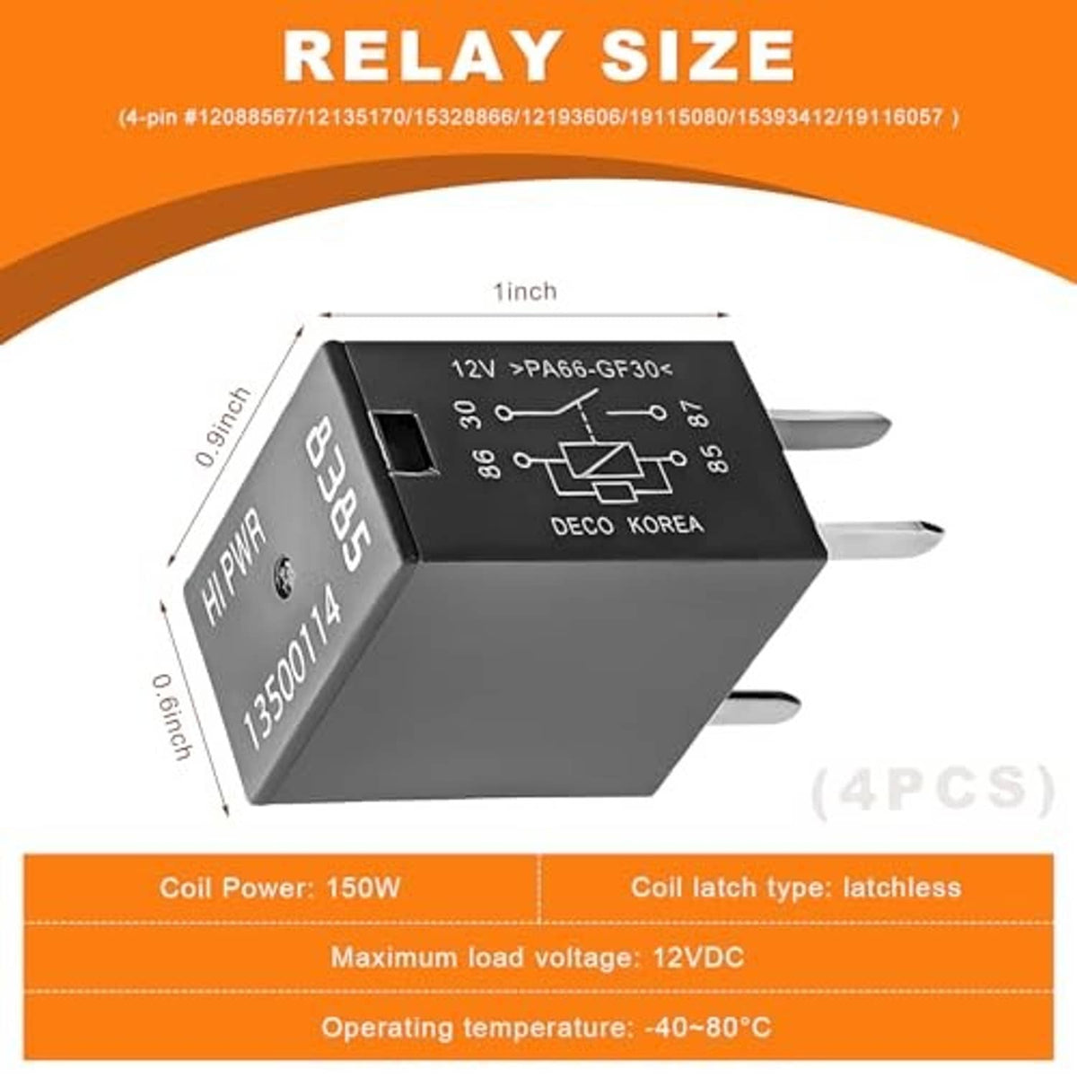 4-pin relay size diagram with DC voltage and mounting pin measurements (4 pcs)