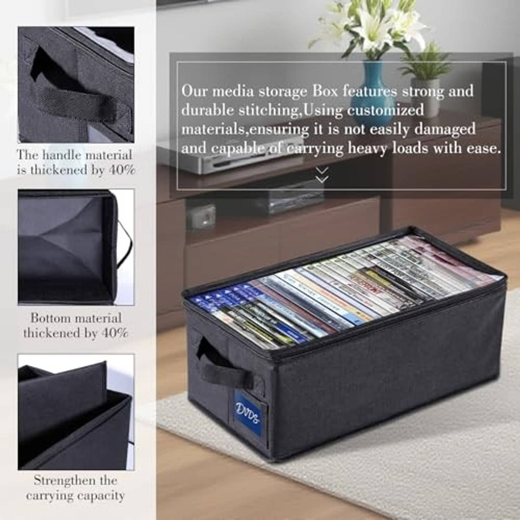 Black foldable storage box with clear window and front pocket, DVDs inside