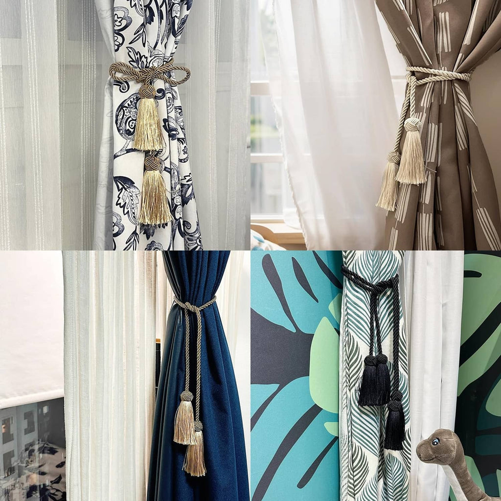 Black tassel curtain tieback with braided cords and knotted loop holding the curtain