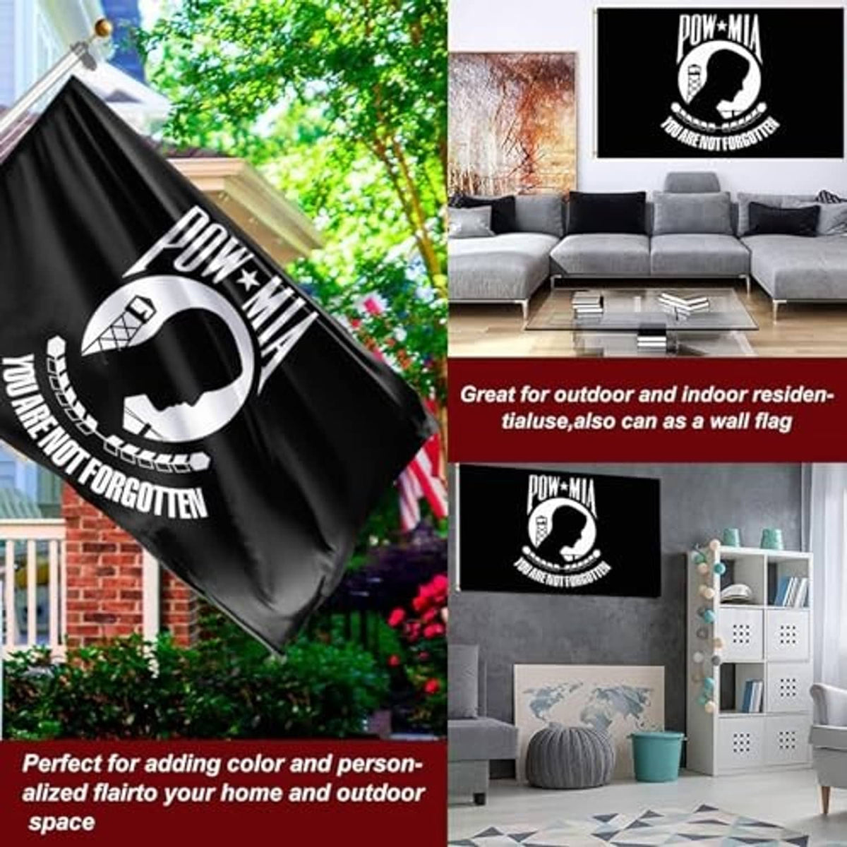 Black POW*MIA outdoor flag for indoor or outdoor use with circular emblem and “You are not forgotten”