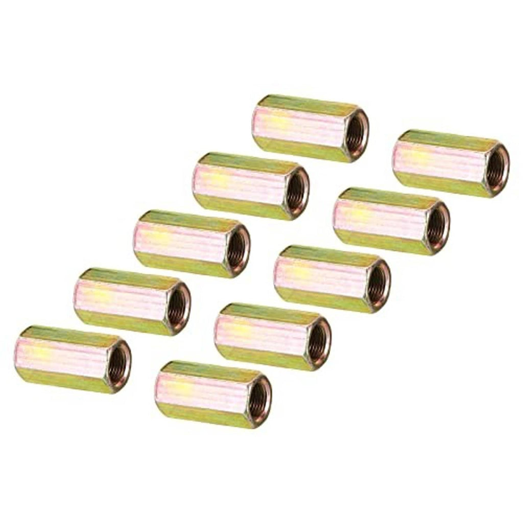 Assorted hex coupling nuts with female threads, zinc-coated steel sleeves, iridescent yellow finish