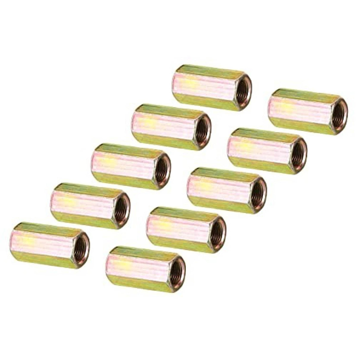 Assorted hex coupling nuts with female threads, zinc-coated steel sleeves, iridescent yellow finish