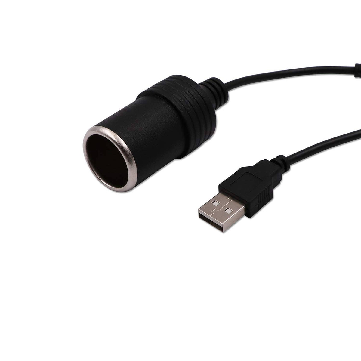 Black USB-A to 12V car lighter converter cable with USB-A plug and cigarette socket end