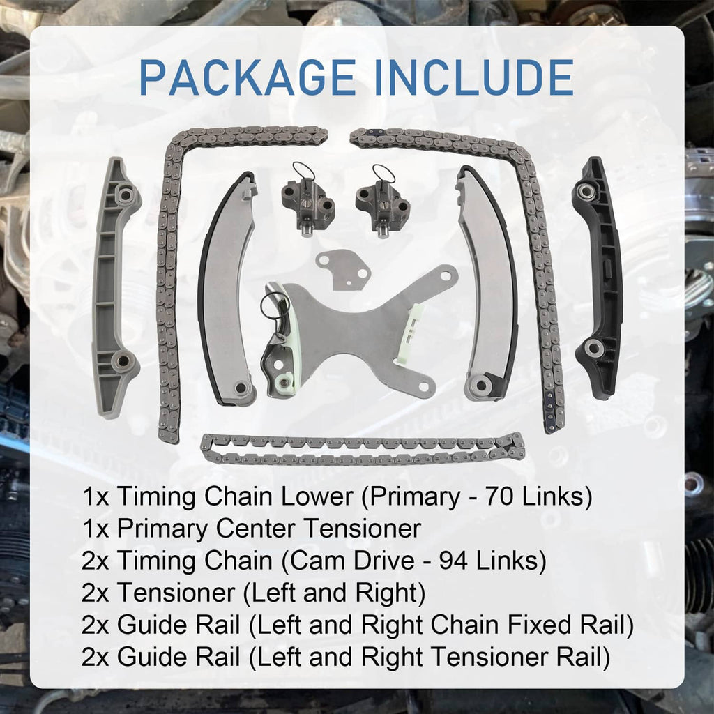 Timing chain kit laid out in tray: chains, guide rails, tensioners, and mounting hardware