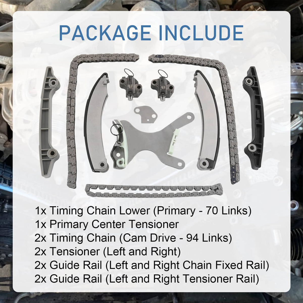 Timing chain kit laid out in tray: chains, guide rails, tensioners, and mounting hardware