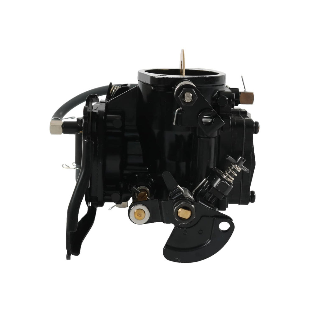 Black carburetor with raised intake throat, mounting bracket, and connection fittings