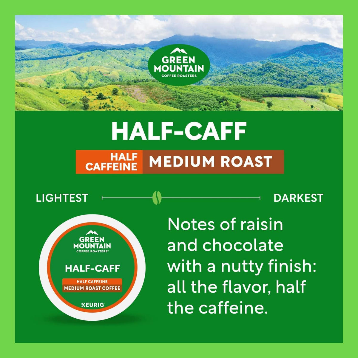 Half-Caff medium roast marketing panel with Green Mountain pod cup graphic