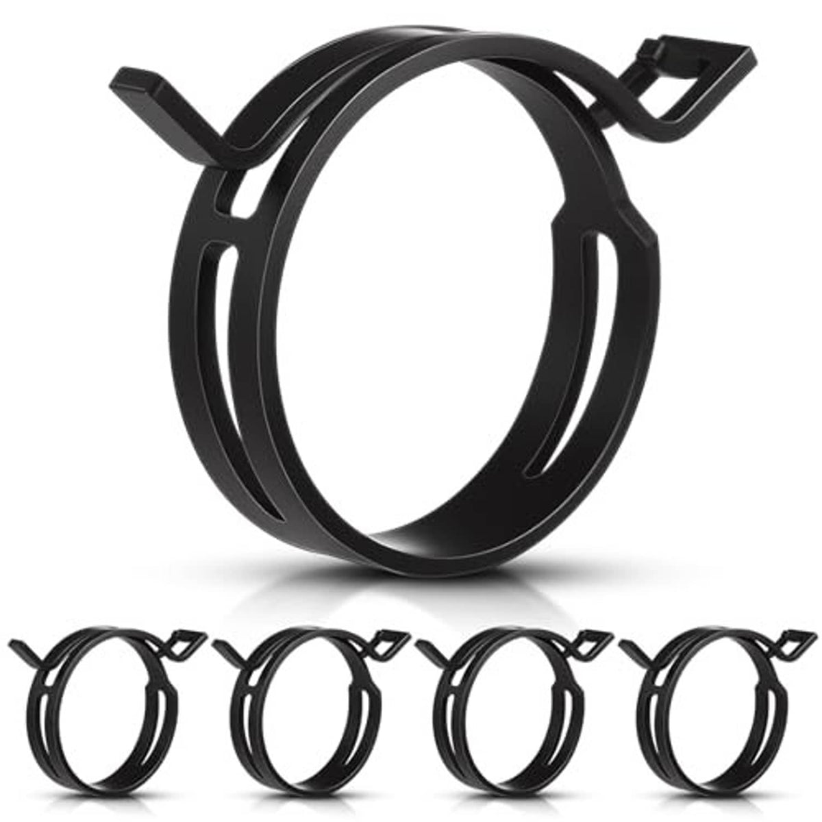 Black constant-tension hose clamp with hinged locking tabs and circular band