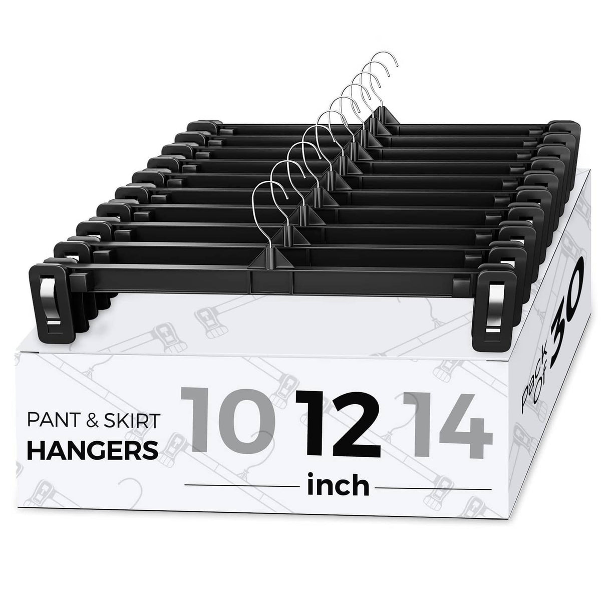 Pack of black clip pant hangers with 360-degree swivel hooks in a box