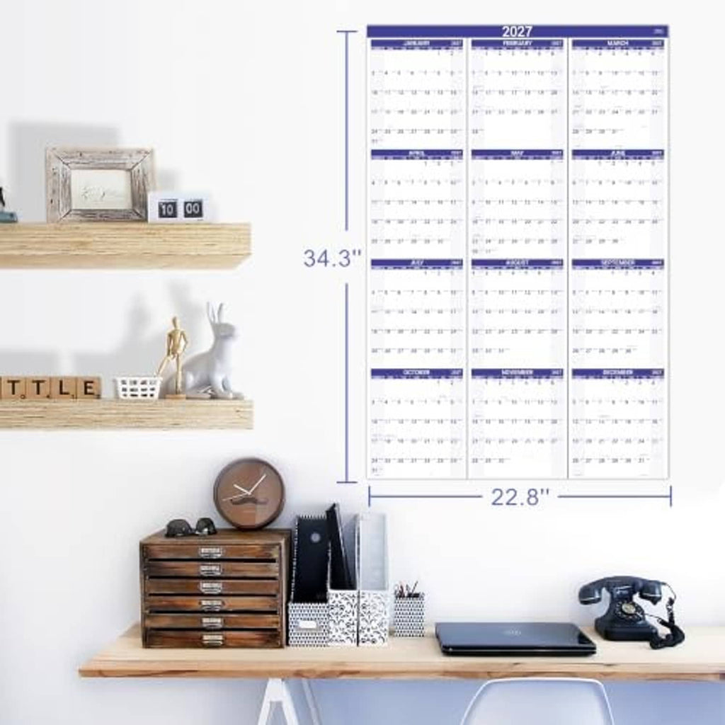 2027 wall calendar with size measurements: 34.3 in tall and 22.8 in wide