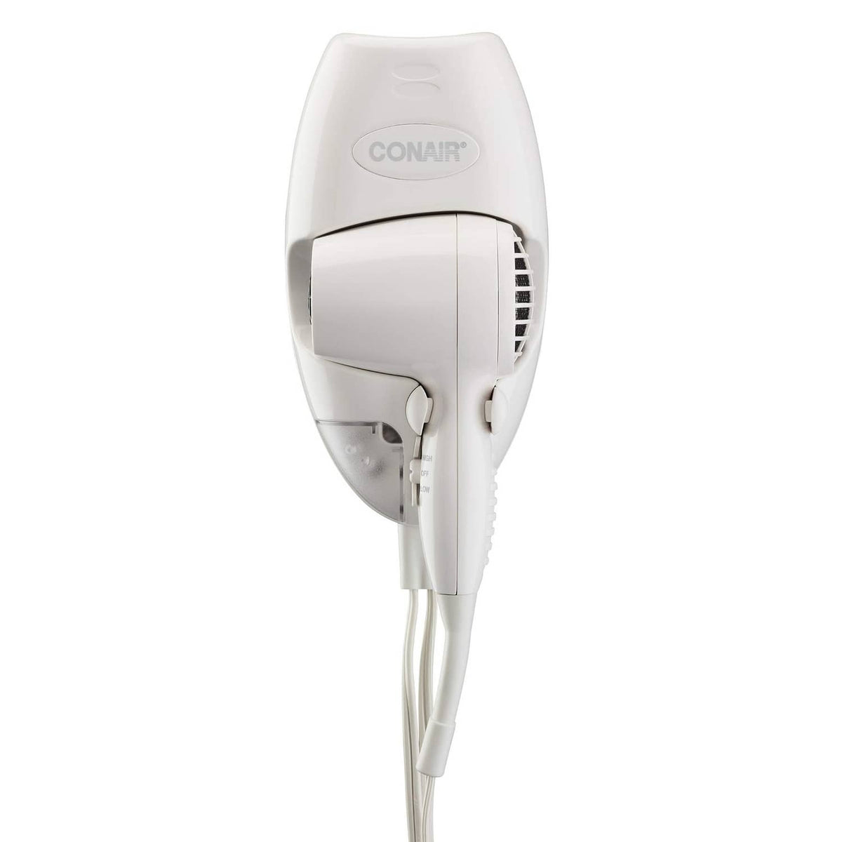 Conair wall-mount hair dryer in white with rear grille and hanging bracket