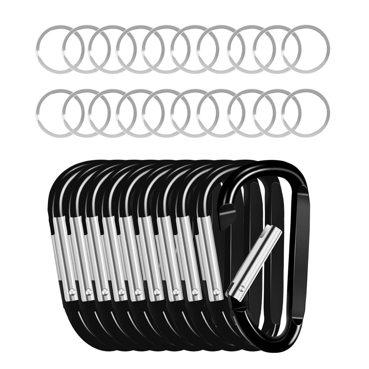 Black spring clip carabiner keyrings, 10-pack with silver accents.
