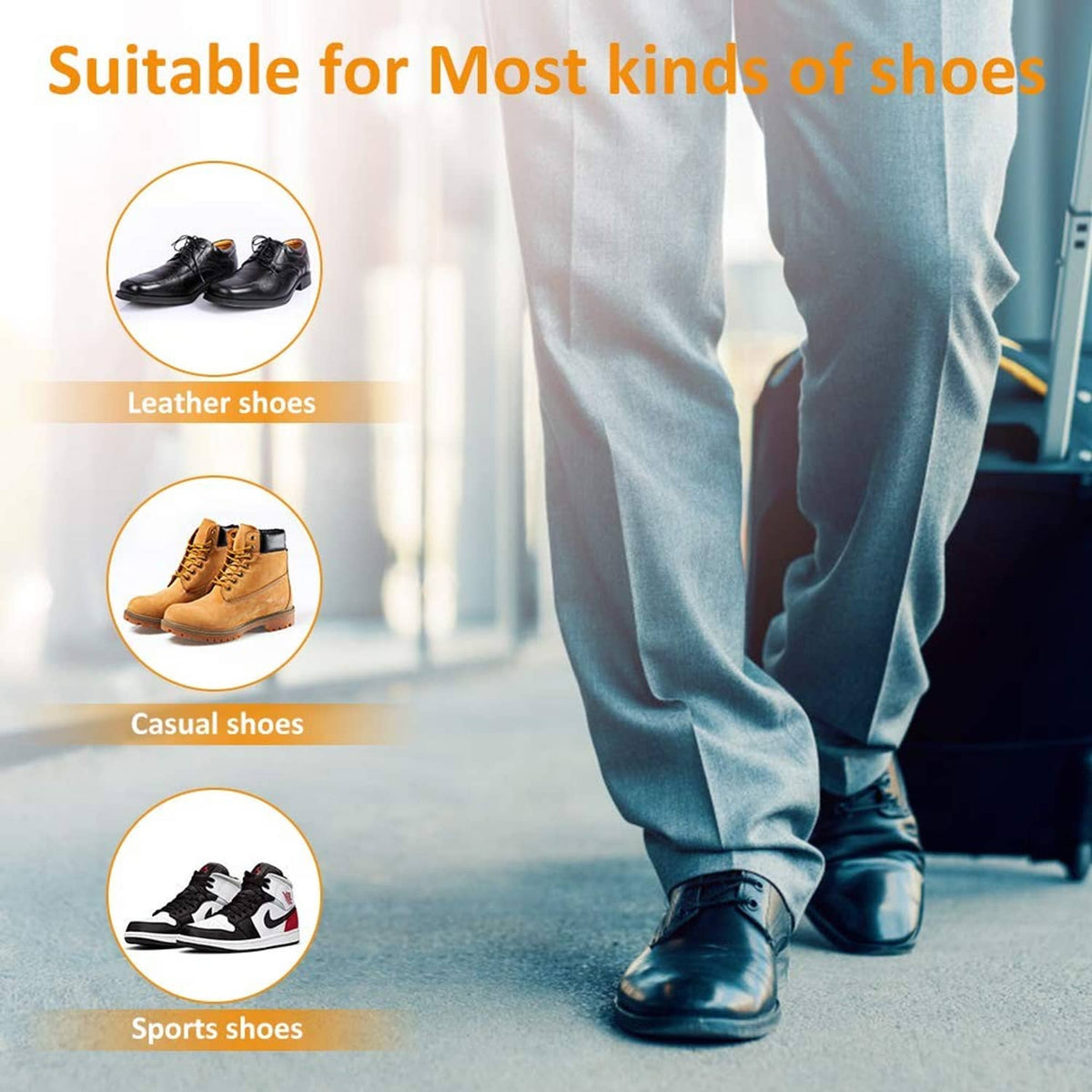 Shoe crease protector set shown via small icons for leather, casual, and sports shoes.