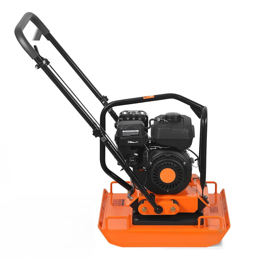 Orange and black plate compactor with front plate and dual curved handle
