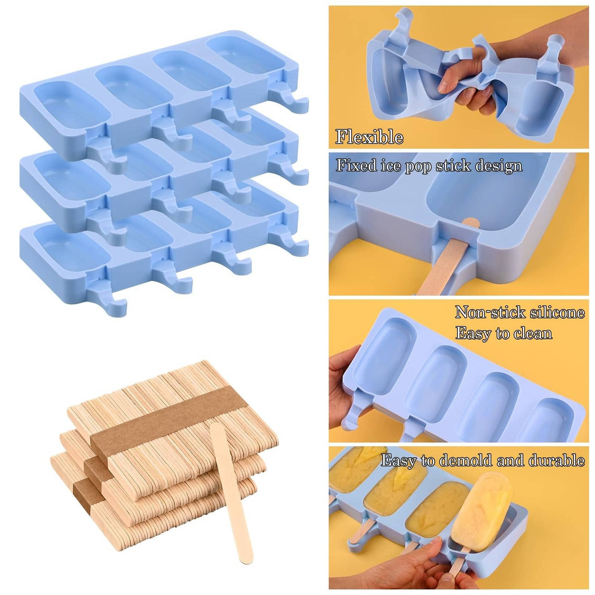 Blue silicone popsicle mold set with oval cavities, flexible design for easy release