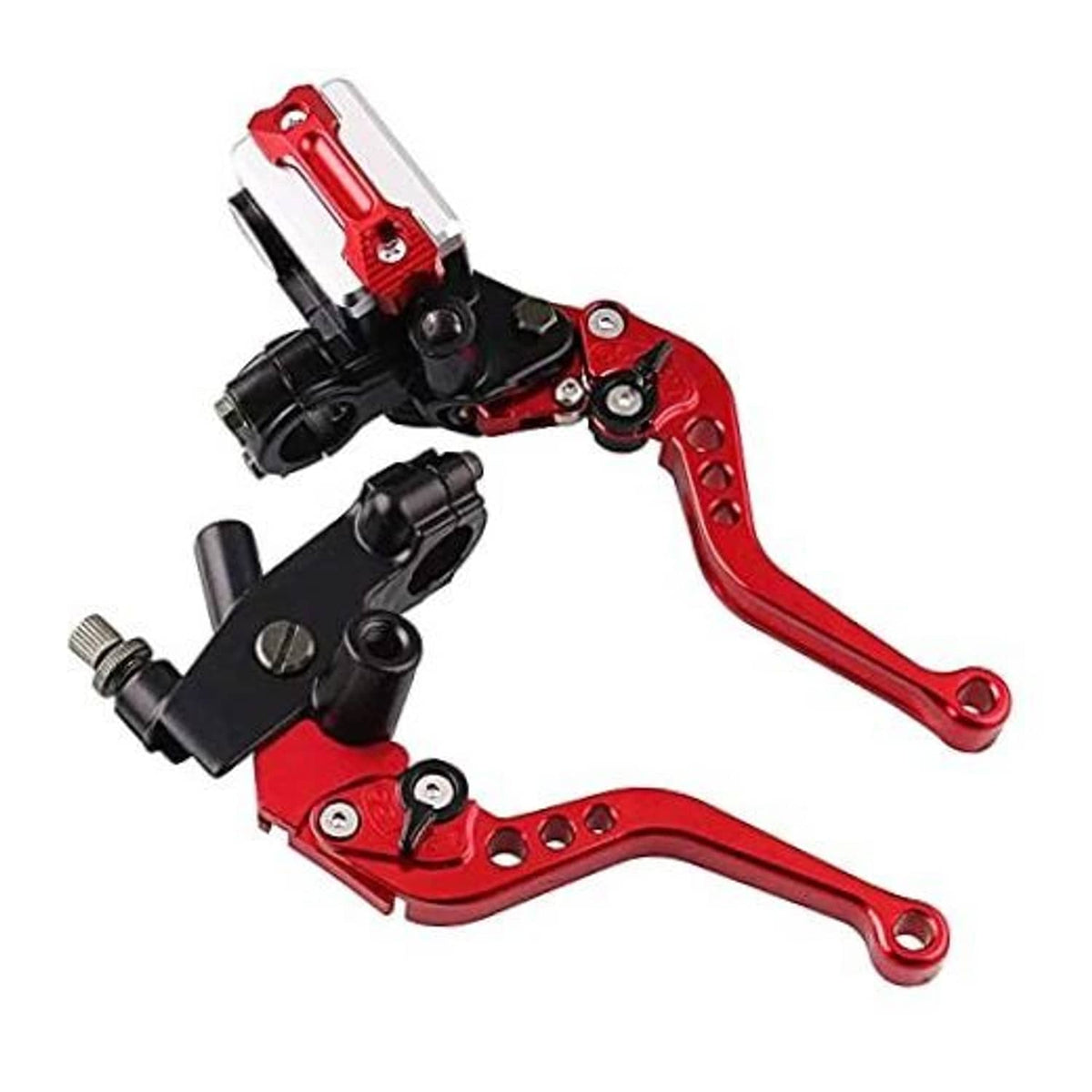 Red and black motorcycle brake and clutch lever master cylinder set for 22mm handlebars