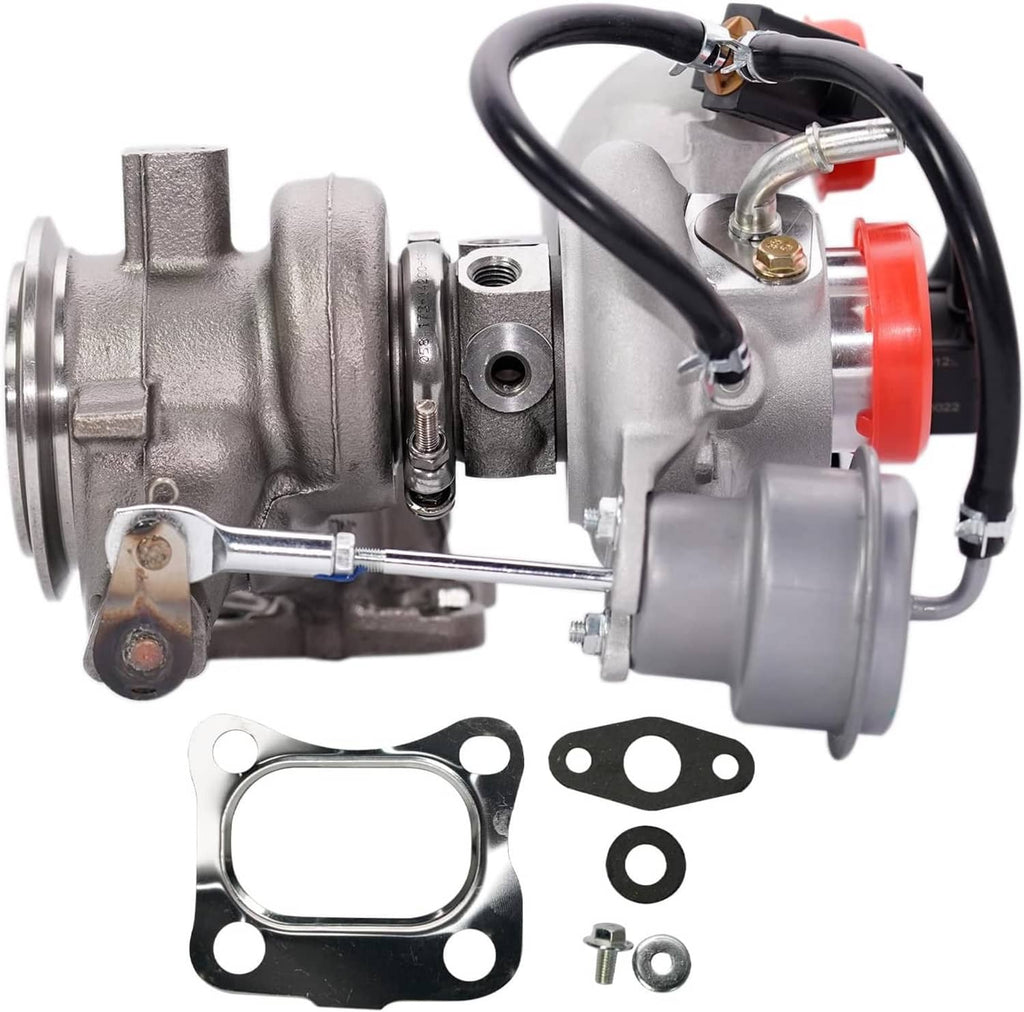 Turbocharger side view with silver housing, black wiring, and mounting parts