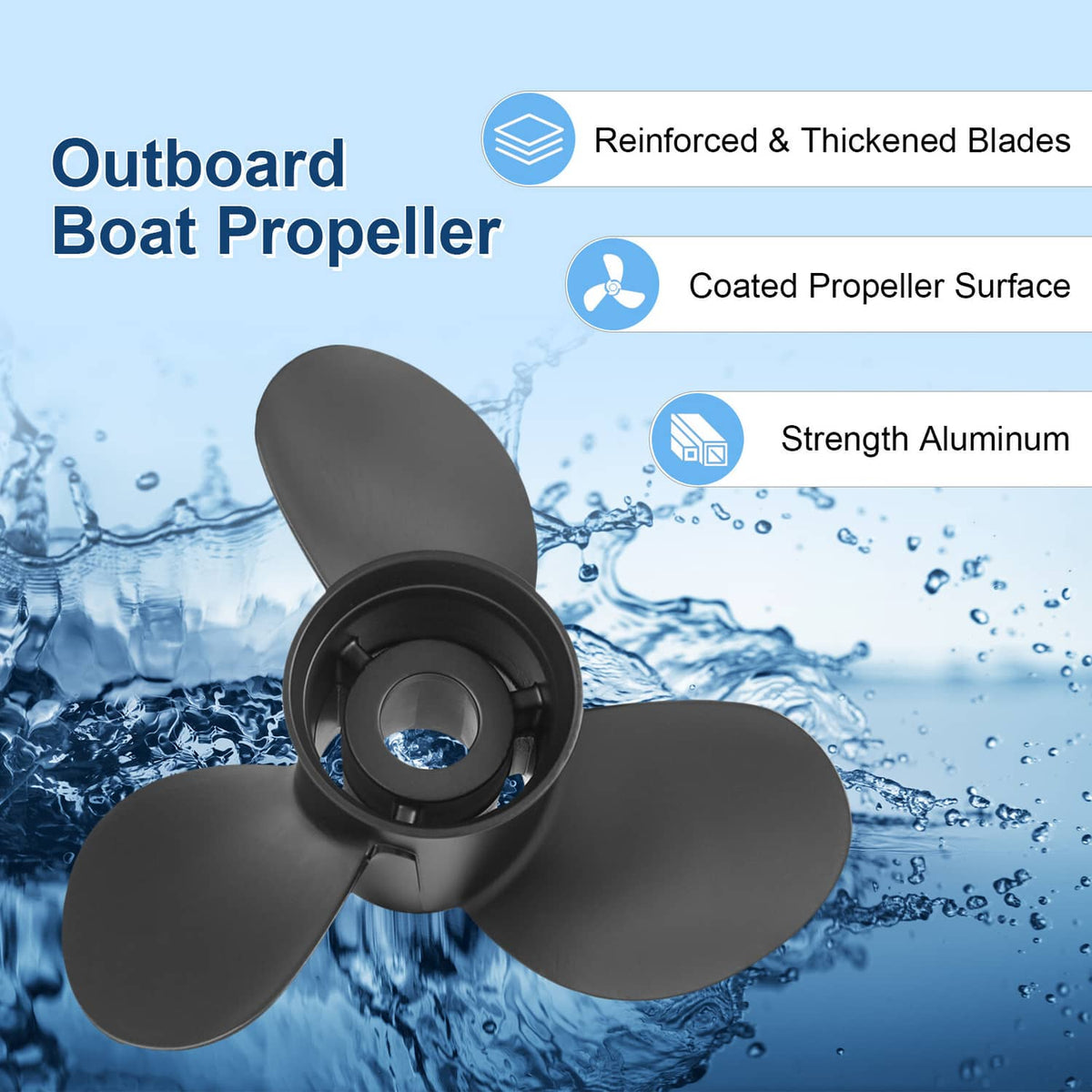 Black three-blade outboard propeller with hub and mounting bore