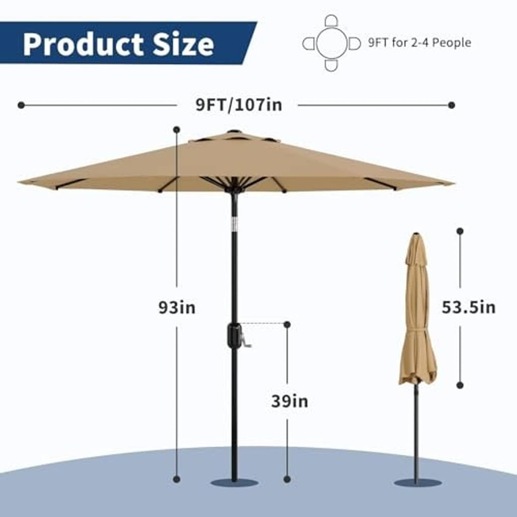 Tan patio umbrella with black pole; product size diagram and height measurements