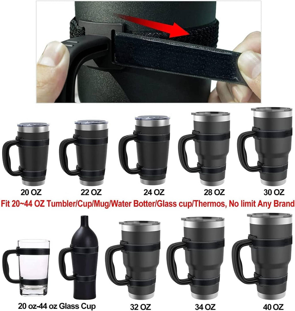 Black adjustable handle with anti-slip strap being attached to a tumbler by hand