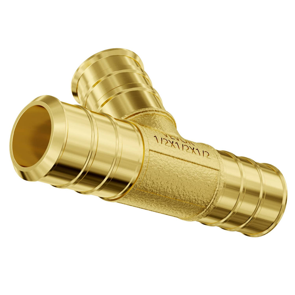 Brass clamp-style 1/2 in pipe tee fitting, side view of three threaded connections