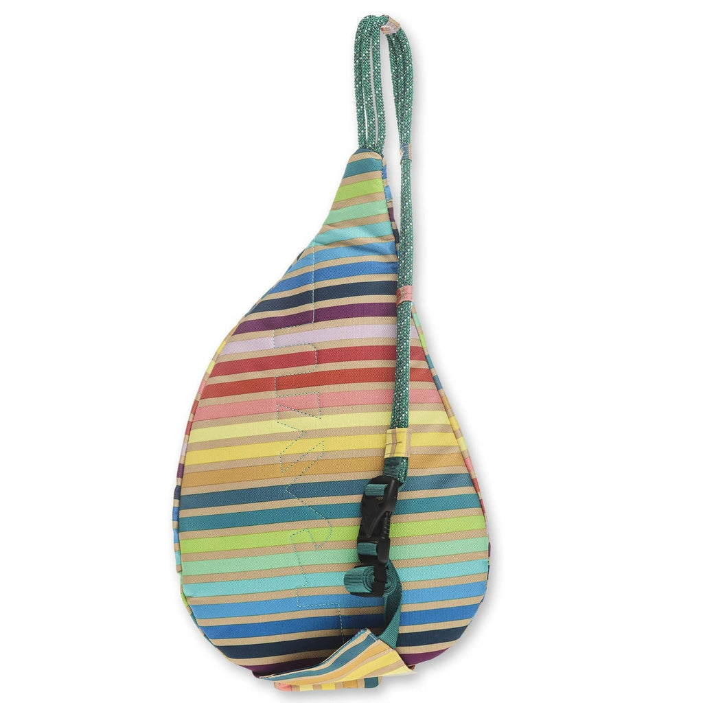 KAVU mini rope sling pack, rainbow striped sling bag with rope shoulder strap and buckled adjuster