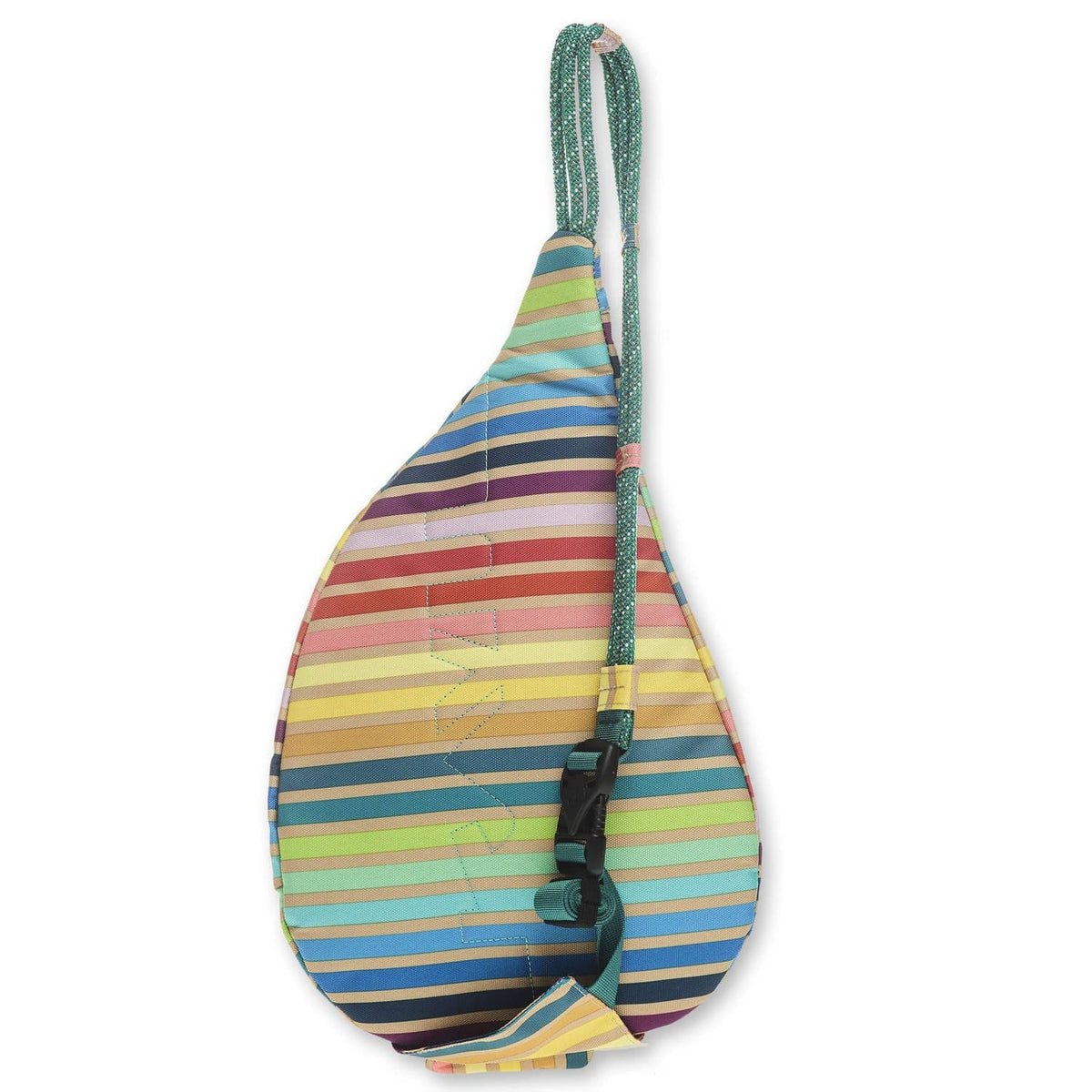 KAVU mini rope sling pack, rainbow striped sling bag with rope shoulder strap and buckled adjuster