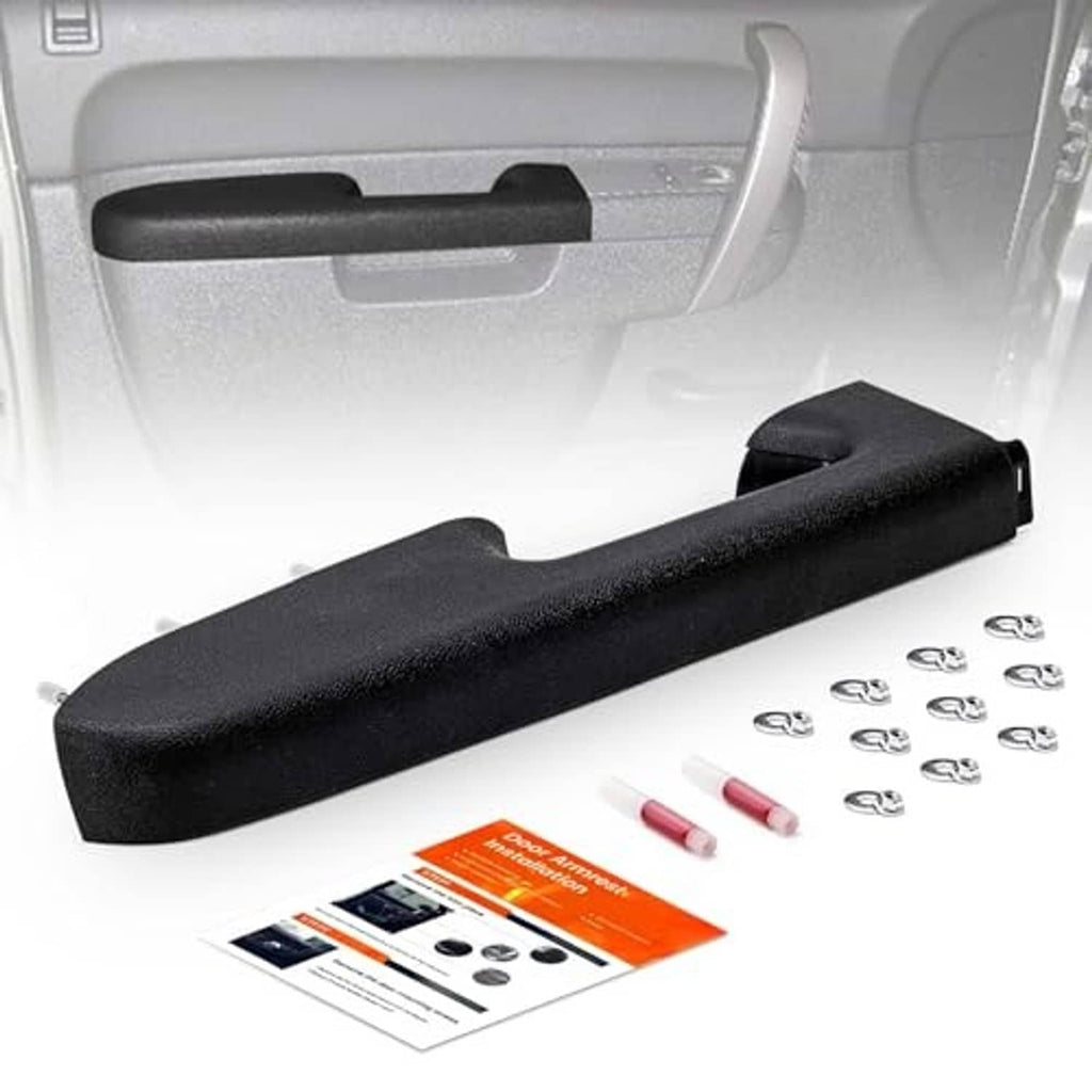 Black door panel armrest replacement with attached mounting arm and included hardware.