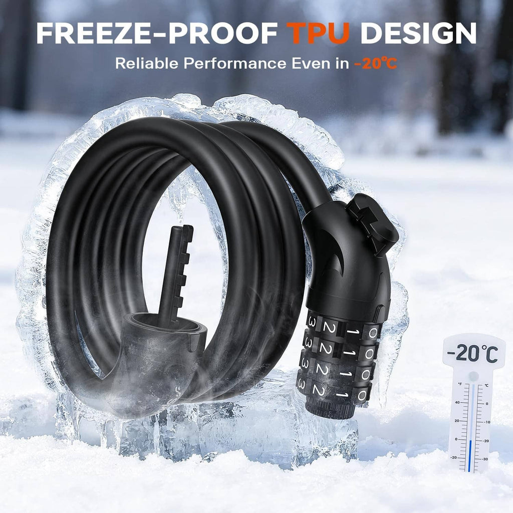 Black freeze-proof TPU cable lock with 4-digit combination and protective sleeve