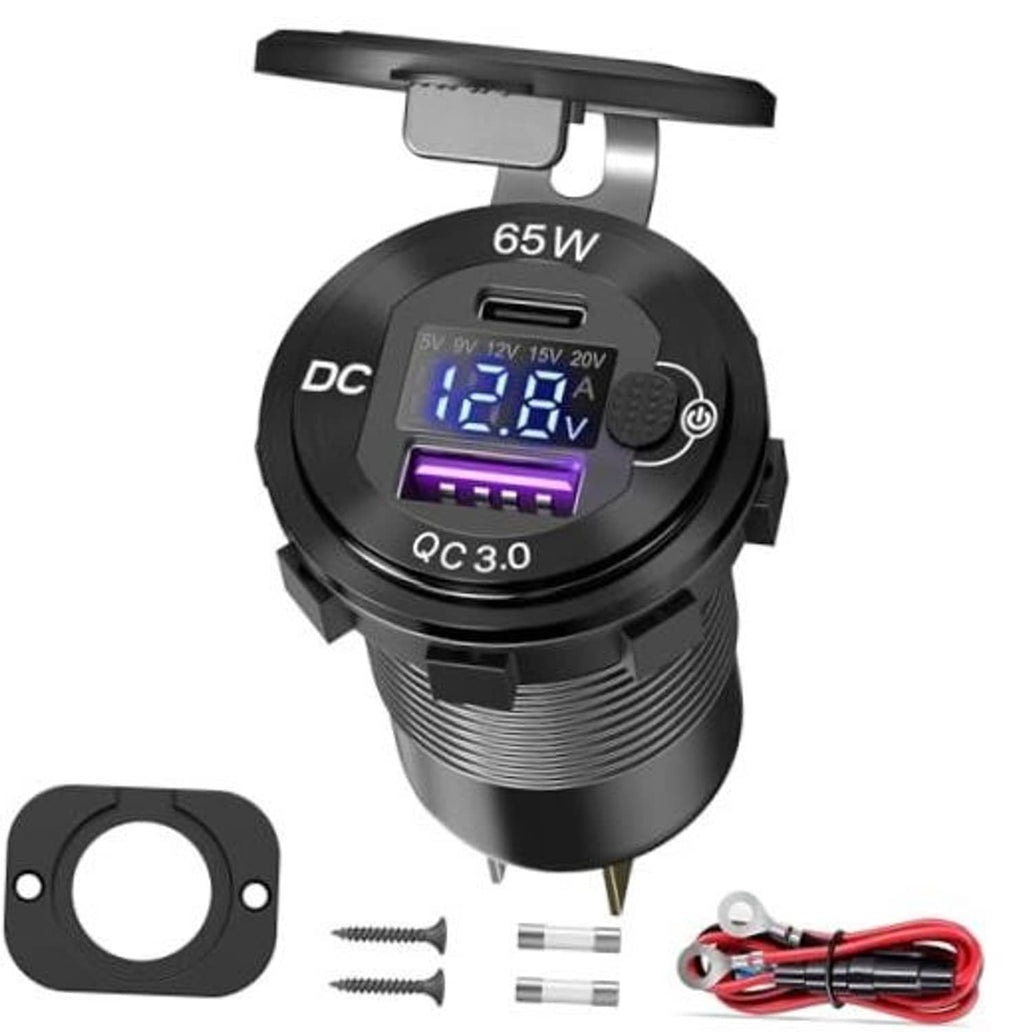 Black 12V car USB-C charger with 65W display, QC 3.0 and DC power switch