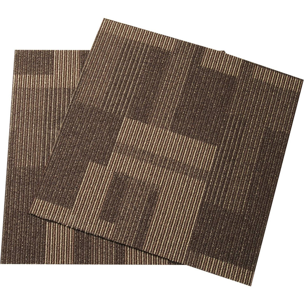 Brown carpet tile square stack with woven texture and attached backing edge