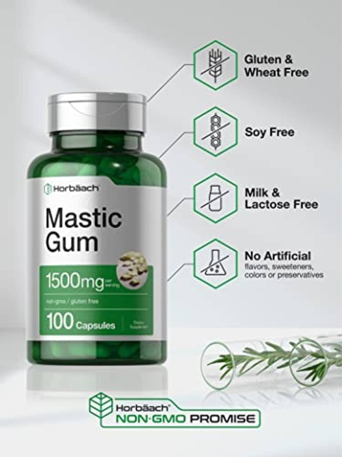 Mastic gum supplement bottle with gluten-free, soy-free, and lactose-free icons